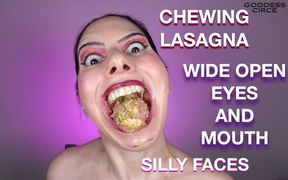 Chewing Lasagna - Wide Open Eyes and Mouth - Silly Faces