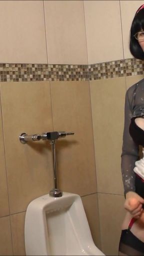 FFstockings - Mature jerking off StrapOn in the Mens Room   Clip 1