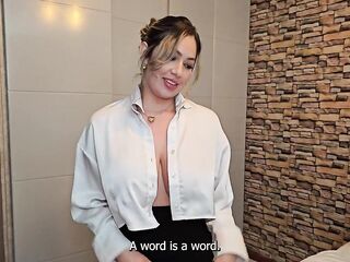 Breasty waitress gets banged by dissolute hotel guest for cash and cums inside her