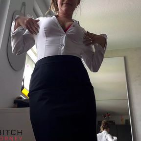 Horny Business Woman Cowgirl Riding the Boss Cock Down on the Floor POV