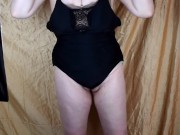 Shemale MILF wears Silicone Female Mask and Swimsuit