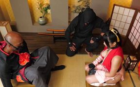 Aisa Tamano’s ninja prowess shines in a threesome with a black big cock and a creampie finish.