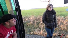 Small tiny babe found in the fields and cum covered glasses after great fuck
