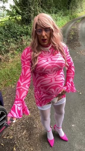 Sexy Crossdresser Kellycd2022 Out for a Afternoon Drive in White Stockings and Heels
