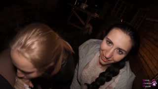 FFM Threesome Sucking on the Backyard - Outdoor Double Blowjob - Oral Creampie
