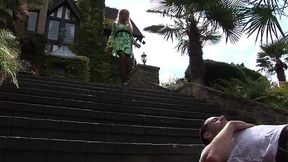 Kneeling down on the steps and lowering her pussy onto his face is her favorite way to