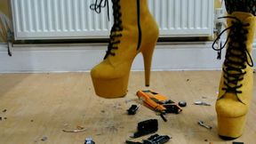 Giantess Atari Queen toy car crush 1970 Ford Mustang Boss in High Heel Lace up boots close up ground view