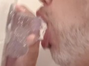 Amazing deepthroat till balls of a 23 cm huge dildo!