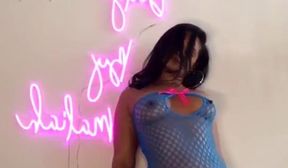 Nude Maliah Michel Covers Herself in a Blue Fishnet