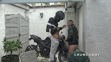 Fucked bareback by motorbiker in leather uniform outdoor