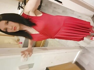 crossdresser wanking in red dress