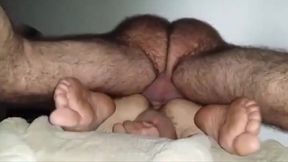 Hairy Daddy with hairy legs breeds boy from below