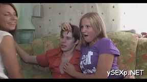 Group pussy-fucking with two juicy and very naughty whores