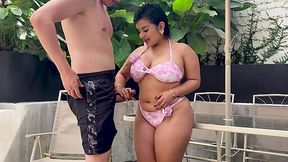 Chubby latina goddess is cheating on her boyfriend with her stacked friend in his backyard