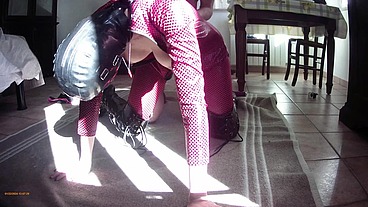 Milf in leather catsuit and boots over the knee, throated, fucked, cum on tits