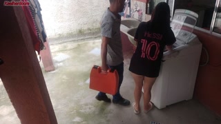 Married housewife pays washing machine technician with her ass while husband is away