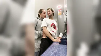 Hairy gay daddy seduces younger roommate for rough bareback kitchen fuck
