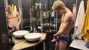 twink one squeezes and jerks his big cock bringing to orgasm, twink cum