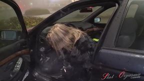 Slut-Orgasma Celeste equine dildo deep throat on a public parking lot before shopping