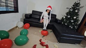 Stepping on balloons in heels at Christmas