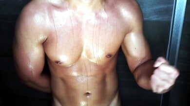 Muscular boyfriend flexes and submits under your gaze in the shower