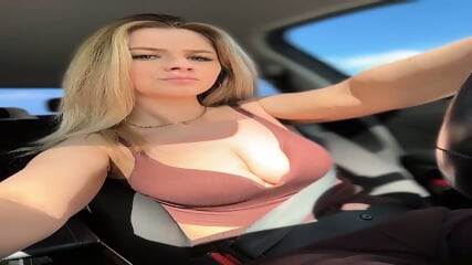 Curvy Blonde in Cleavage-Baring Top Teases in Car