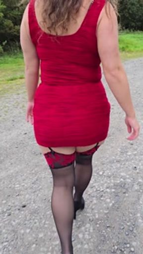 Curvy Slut Strips In Forest And Dances In Sexy Red Lingerie - Close Up Hairy Pussy