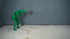 Green nylon zentai suit, bondage tape, mummification and vacuum bed