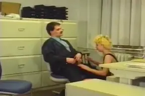 Blonde office slut gets fucked by her boss and her friend