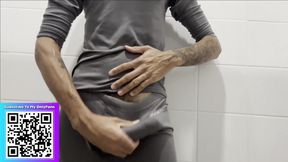 The horniness hit the company and I had to go to the bathroom to jerk off and cum