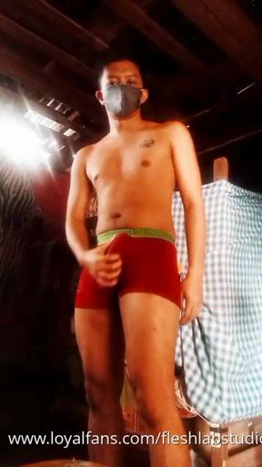 Masked Pinoy Twink Strokes Thick Cock and Plays Nipples in Morning Bedroom
