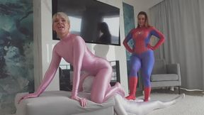Pink Ruslana Ride Face Of Zentai Man And Spiderwoman Weronika Splash His Balls And Perform Footjob - Part 1 - 4K