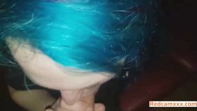 Blue Haired Teen Gives Birthday Blowjob