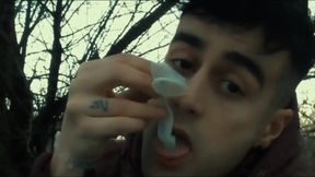 Licking Used Cum Filled Condom Outdoor