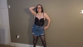stripping in denim miniskirt holdups and heels
