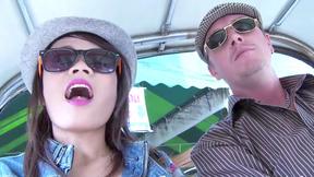 ”Tongue pierced tiny Thai MILF gets picked up by two foreigners”