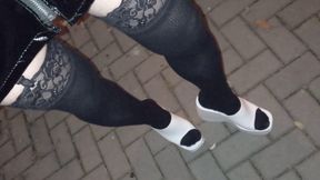 latex mini and lace tights with platform wedges