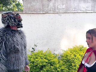 Little Red Riding Hood lost a fruit from her basket and is looking for it in the wolf's pants.