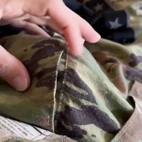 Active duty army soldier rubs his growing cock through his OCP uniform