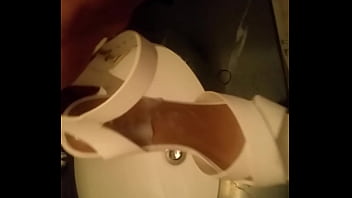 Cumshot on wife&#039_s flower high heel shoes