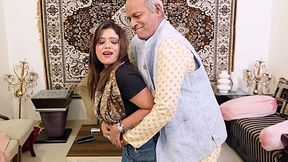 Big titted indian teen gets in bed with an old guy