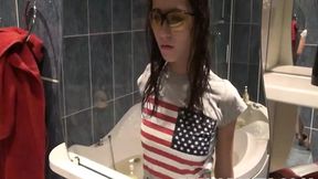 Hot teen girl teases in the shower and masturbates