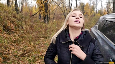 Ukrainian blonde swallows his load in the autumn woods POV