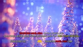 Two girls one guy Christmas Party with lots of precum and endless cock teasing for a handjob challenge