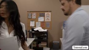Slut secretary watches her TS boss jerking off