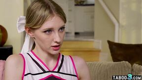 Teen cheerleader Melody Marks loosing her virginity on a shy guys dark cock
