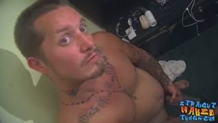 Straight stud with sexy tatts making his hard cock spray cum