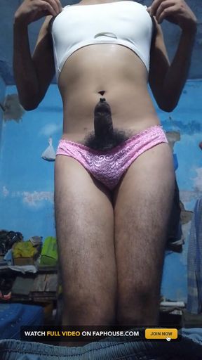 Young Indian Sissy Femboy in His Step Sister&#039;s Bra and Panties While Jerking Until Cum