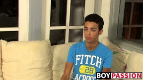 Interviewed twink tugs on his cock until he cums thick loads