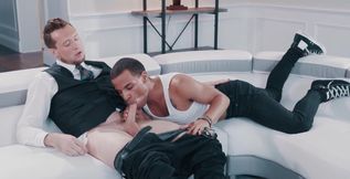 Young black lad sucks heavy white cock with grace and swallows the cum